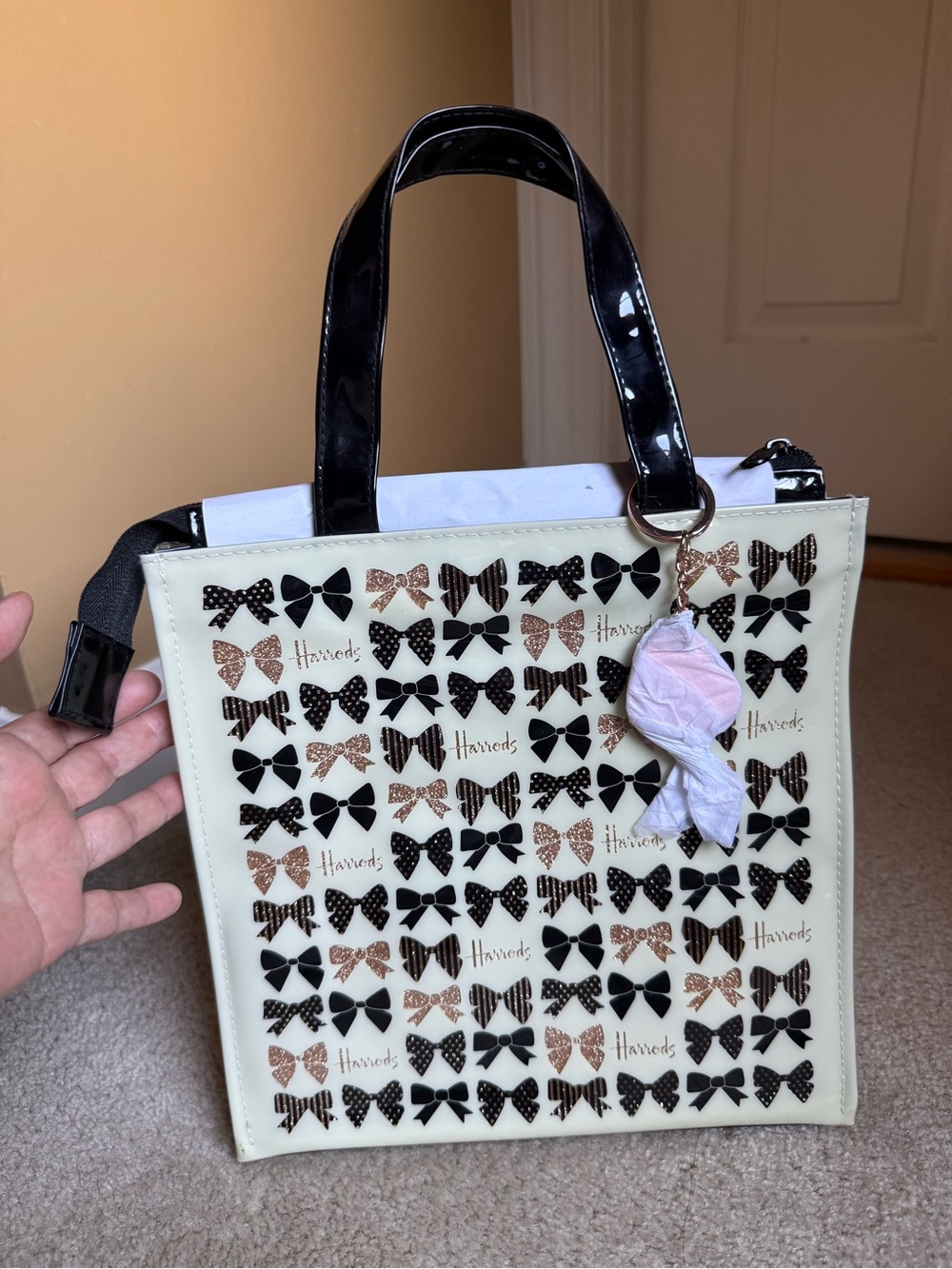 Harrods Cream Tote with Black Patent Handles and Rose Gold Bow Accents